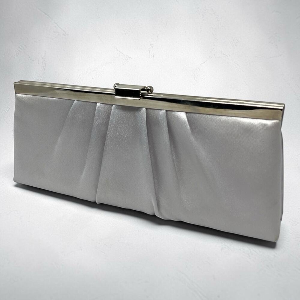 Y2K Jessica McClintock Silver Satin Convertible Clutch Kiss Lock Formal Bag